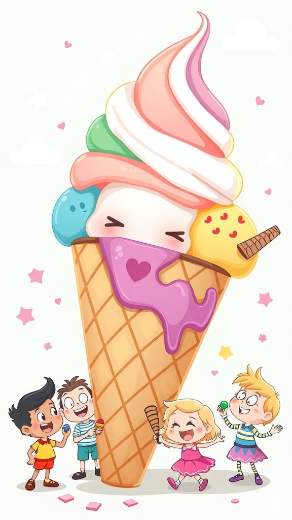A colorful illustration of a giant ice cream cone with happy characters enjoying ice cream.
